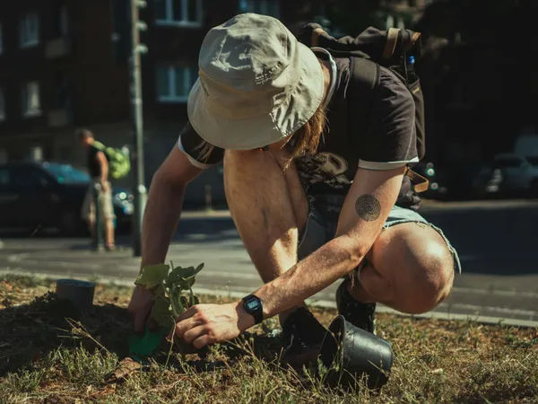 Jeune engagé plantant un arbre pour le développement durable