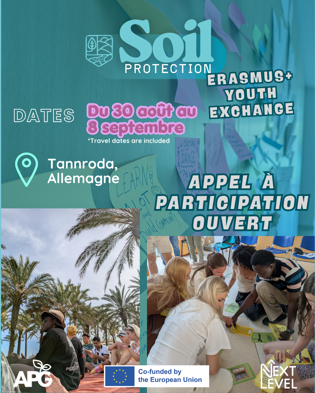 Affiche de l’échange de jeunes Soil Protection montrant des jeunes préparant la terre dans des bacs de culture et des plantes vertes.